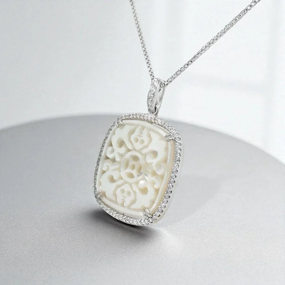 Carved Mother-of-Pearl and CZ Pendant in 925 Sterling Silver - Picture 2 of 3